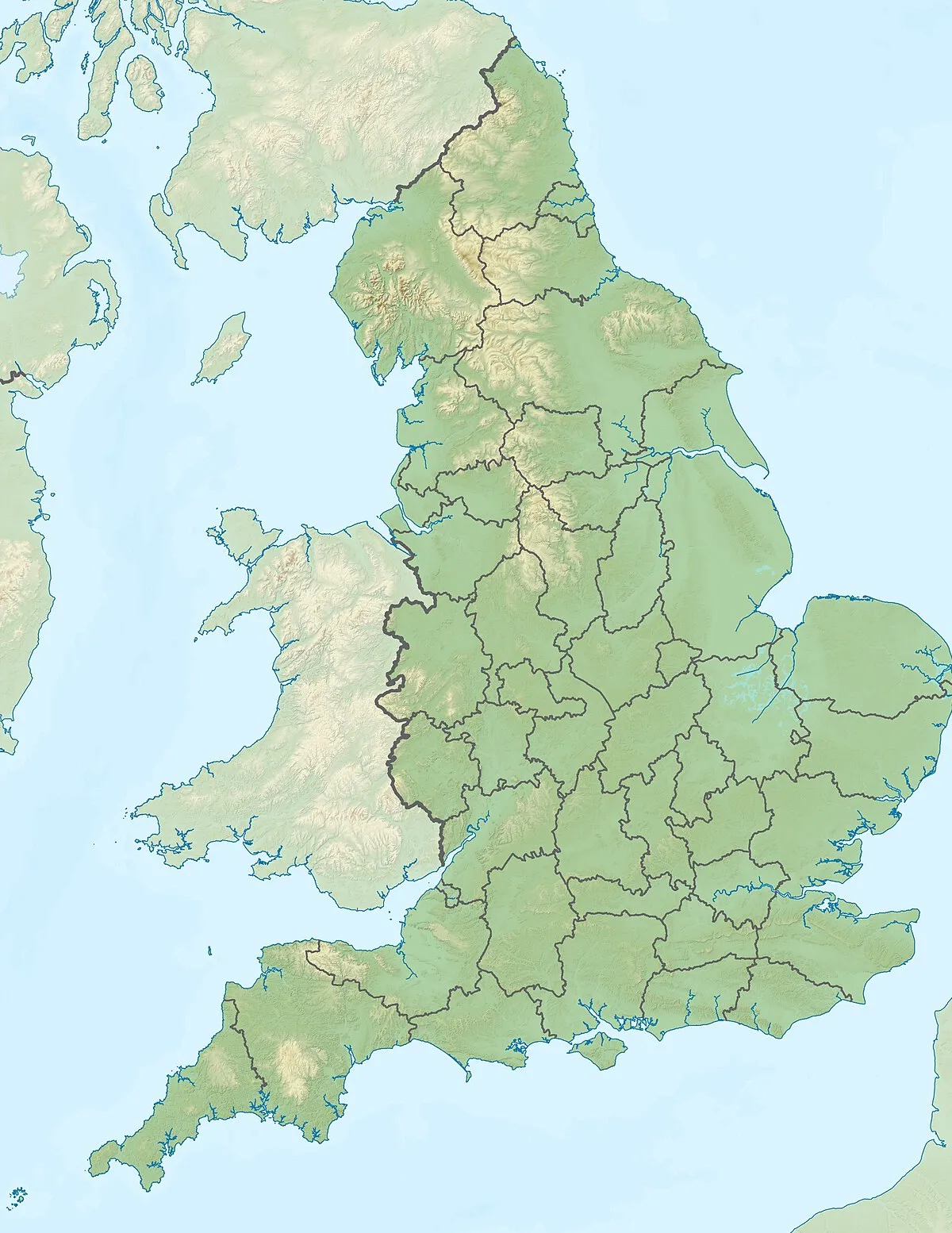 Relief map of England, UK.
Equirectangular map projection on WGS 84 datum, with N/S stretched 170%
Geographic limits:

West: 6.75W
East: 2.0E
North: 56.0N
South: 49.75N