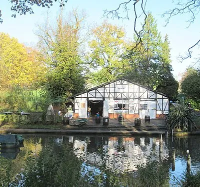 Boathouse on the lake in Pittville Park Cheltenham