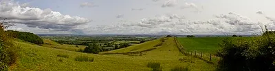 Panoramic view of pastures looking out from Foxcote hill between Ilmington and Charingworth in the Cotswolds