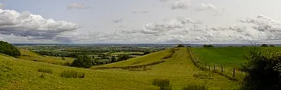 Panoramic view of pastures looking out from Foxcote hill between Ilmington and Charingworth in the Cotswolds