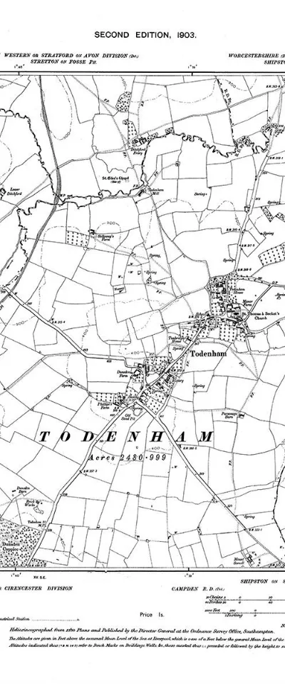 1903 Ordnance Survey map of Todenham in Gloucestershire, England.