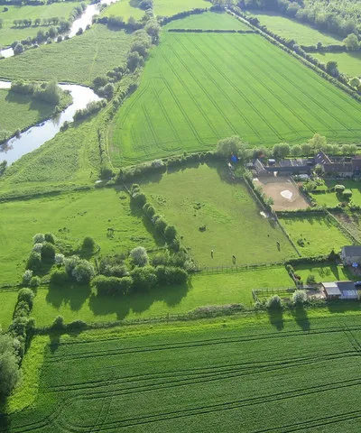 Aerial View from Paramotor of Stonehenge Farm Taken from about 400' agl in the evening, River Thames alongside.