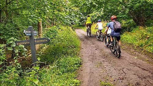 The photo shows four cyclists riding along a dirt track in a broadleaf woodland in summer. A finger post on the left of the photo indicates that they are riding on a bridleway which is also the route of the Ridgeway National Trail. A footpath crosses the bridleway at this point in Hale Wood. The wood is on a steep north-west facing slope in the Chiltern Hills, to the south-east of Wendover in Buckinghamshire.