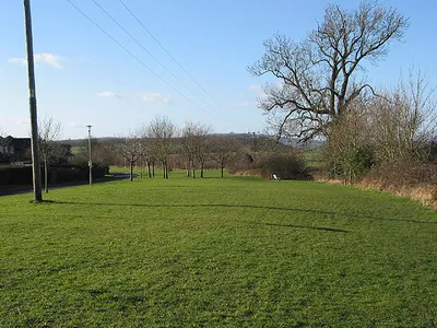 Edge of a housing estate The periphery of this estate has a wide grass verge which obviously gets a lot of use at the weekends judging by the prints of many football boots. Looking almost due west in this shot towards May Hill on the horizon.