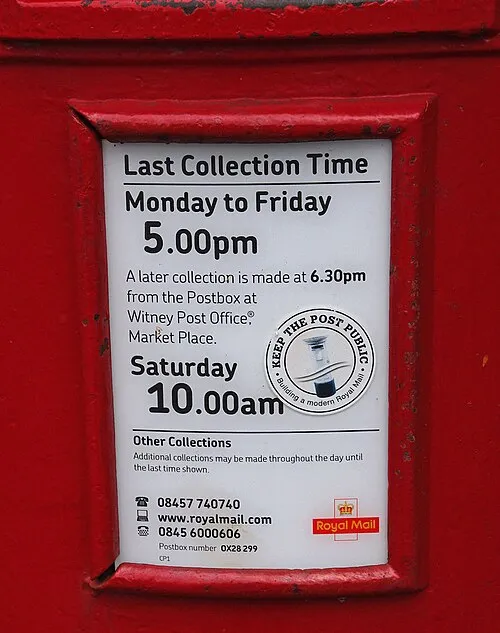 "Keep the Post Public" sticker on postbox, Market Square, Witney