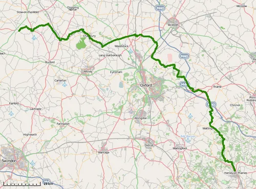 Map showing the route of the Oxfordshire Way long distance footpath and bridleway. 
Scale 128m per pixel.
Located primarily in Oxfordshire, England.
