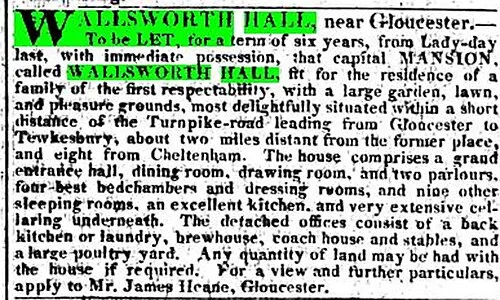Advertisement for Wallsworth Hall in 1822