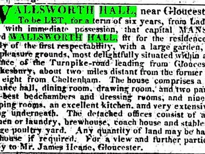 Advertisement for Wallsworth Hall in 1822