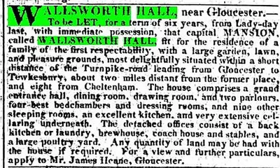 Advertisement for Wallsworth Hall in 1822