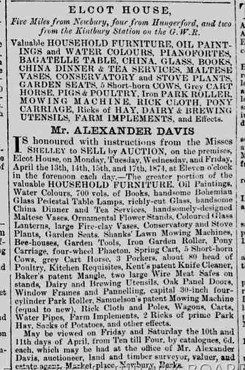 Advertisement for the sale of the furniture of the Misses Shelley at Elcot House in 1874