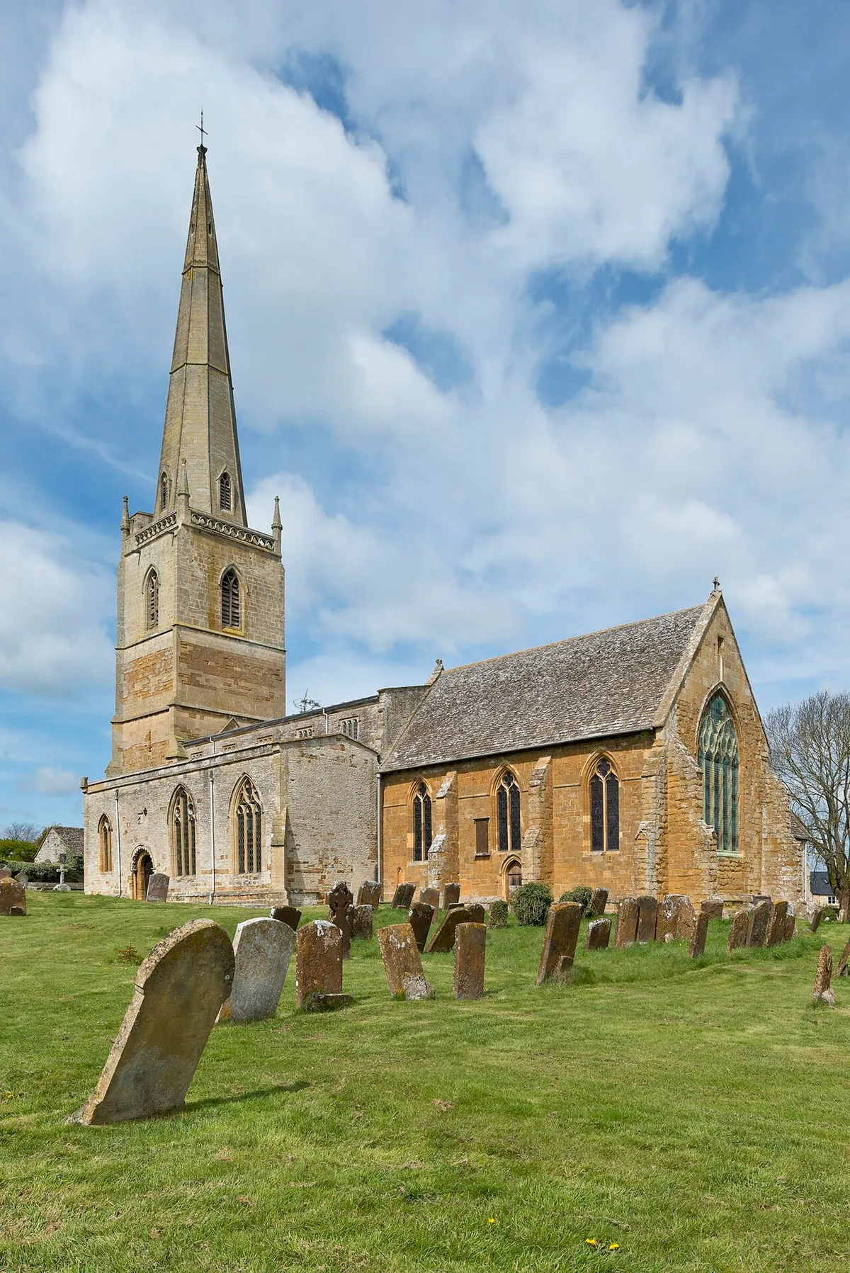 St Gregory's parish church, Tredington, Warwickshire (formerly Worcestershire), seen from the southeast. The spire is 210 feet high.