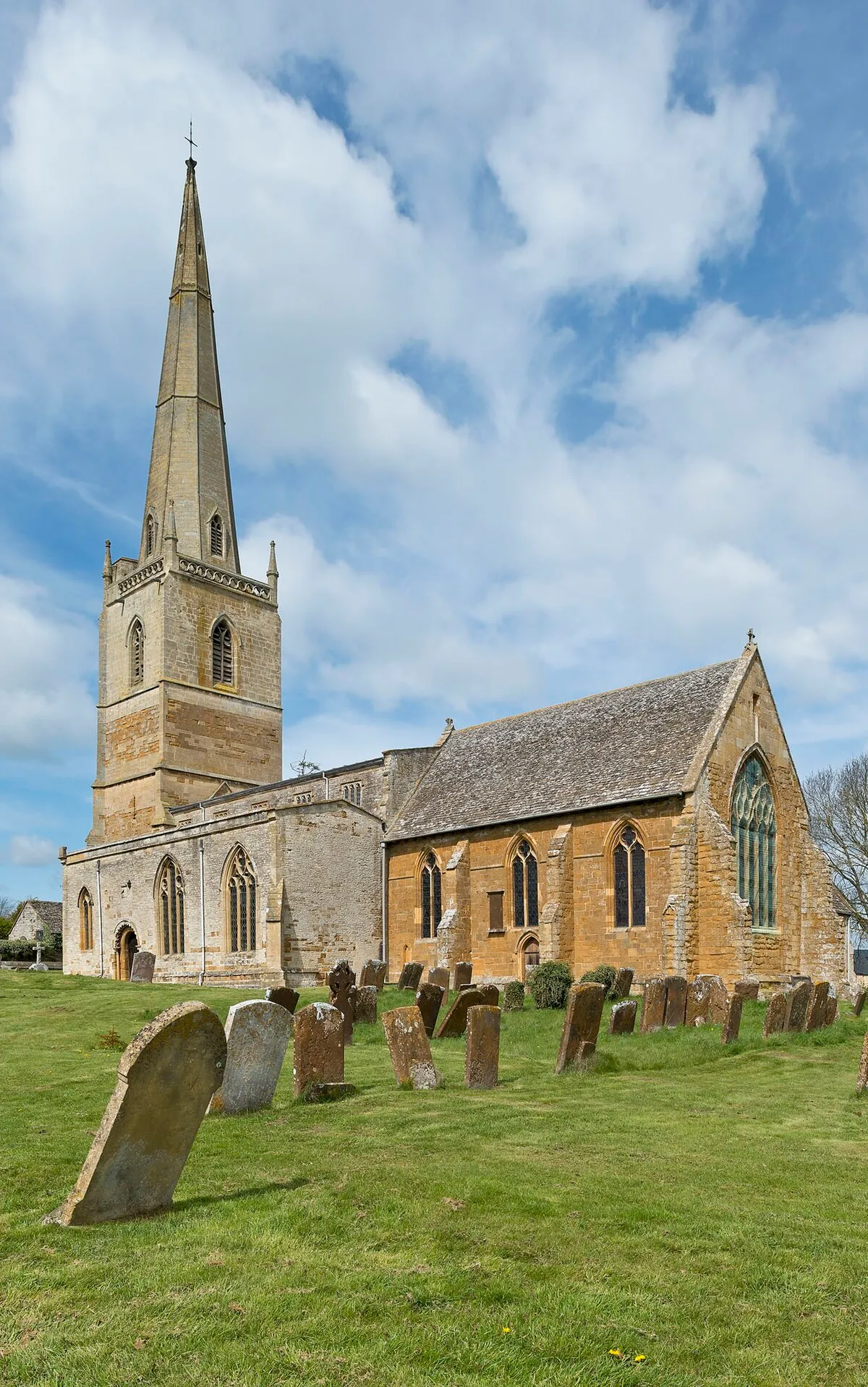 St Gregory's parish church, Tredington, Warwickshire (formerly Worcestershire), seen from the southeast. The spire is 210 feet high.