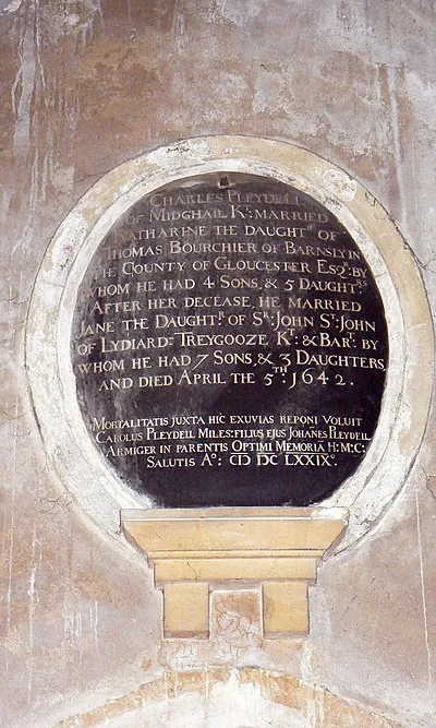 Wall-mounted monument in St Mary's parish church, Lydiard Tregoze, Wiltshire, to Charles Pleydell of Midghall. He was a 17th-century forebear by marriage of the 18th-century Ann Pleydell who is commemorated in the same church. Charles had a total of 19 offspring by two wives, the second of whom died in 1642. Charles himself died in 1679 but his age is not given.