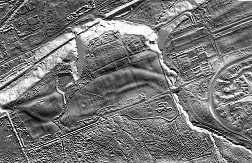 A lidar image derived from https://maps.nls.uk/ lidar maps with the permission of the National Library of Scotland by crediting them and the raw data ownership: Crown copyright Scottish Government, SEPA and Scottish Water (including initial image processing by Richard Pearson) as per https://maps.nls.uk/guides/lidar/#re-use and https://remotesensingdata.gov.scot/about 'These terms are compatible with the Creative Commons Attribution License 4.0 and the Open Data Commons Attribution License, both of which license copyright and database rights. This means that when the Information is adapted and licensed under either of those licences, you automatically satisfy the conditions of the OGL when you comply with the other licence. The OGLv3.0 is Open Definition compliant.' https://www.nationalarchives.gov.uk/doc/open-government-licence/version/3/
