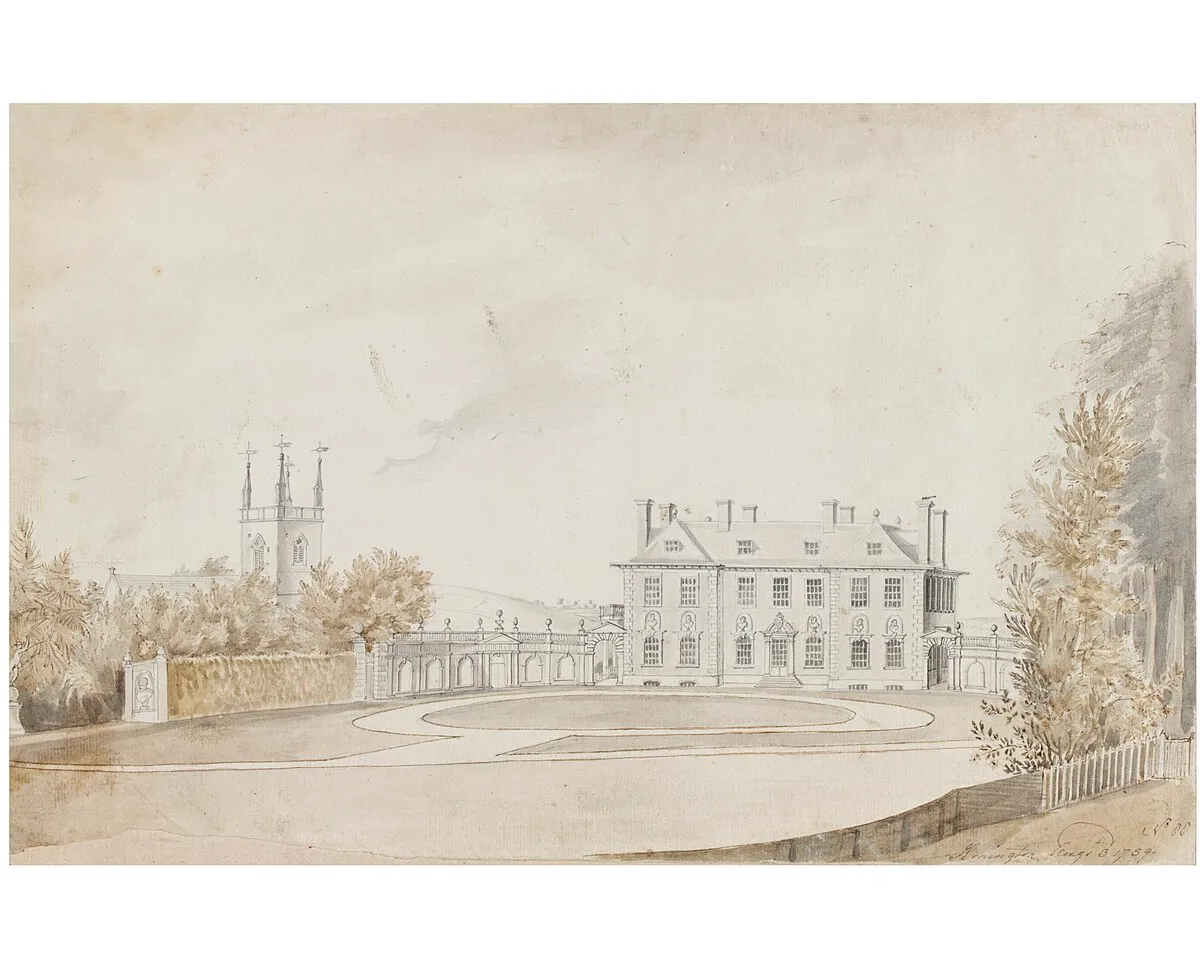 Drawing of Honington Hall, Warwickshire, by Thomas Robins. Honington Hall was built in the early 1680s for Henry Parker and modified in 1751 when an octagonal saloon was inserted.