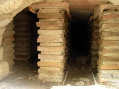 Hypocaust floor under changing room of the bath house at Great Witcombe Roman Villa.