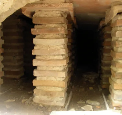 Hypocaust floor under changing room of the bath house at Great Witcombe Roman Villa.