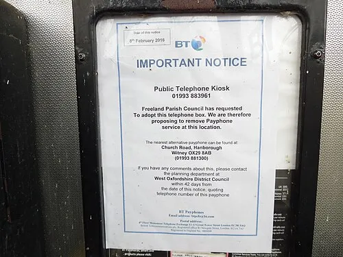 BT Notice inside KX100 Phone Box in Freeland