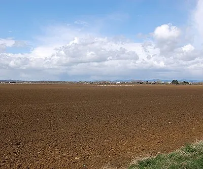 Arable land near Stoke Orchard View looks north-westwards towards the village of Stoke Orchard from a spot on the old airfield perimeter track near 'The Park'. The Malverns are visible in the distance on the right. This flat area now under arable cultivation was formerly the grass landing air strip of RAF Stoke Orchard between 1940 and 1946.