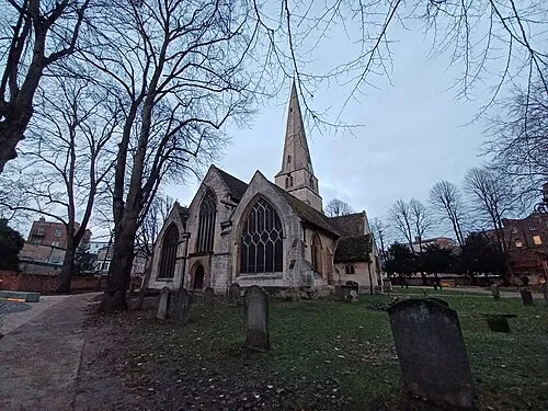 Cheltenham Minster (St Mary's Church). Cheltenham, Gloucestershire, England. Mid-12th century, with mid-13th century tower and 14th century enlargement. Grade I listed.
.mw-parser-output .messagebox{margin:4px 0;width:auto;border-collapse:collapse;border:2px solid var(--border-color-progressive,#6485d1);background-color:var(--background-color-neutral-subtle,#fbfcff);color:var(--color-base,#202122);box-sizing:border-box;border-inline-start-width:8px}.mw-parser-output .messagebox.mbox-small{font-size:88%;line-height:1.25em}.mw-parser-output .mbox-warning,.mw-parser-output .mbox-speedy{border:2px solid var(--border-color-error,#b22222);background:var(--background-color-error-subtle,#ffdbdb);border-inline-start-width:8px}.mw-parser-output .mbox-serious,.mw-parser-output .mbox-delete,.mw-parser-output .mbox-stop{border:2px solid var(--border-color-error,#b22222);border-inline-start-width:8px}.mw-parser-output .mbox-issue,.mw-parser-output .mbox-content{border:2px solid #f28500;background:var(--background-color-warning-subtle,#ffe);border-inline-start-width:8px}.mw-parser-output .mbox-query,.mw-parser-output .mbox-style{border:2px solid #f4c430;background:var(--background-color-warning-subtle,#ffe);border-inline-start-width:8px}.mw-parser-output .mbox-shit{border:2px solid #960;border-inline-start-width:8px}.mw-parser-output .mbox-license{border:2px solid #88a;border-inline-start-width:initial}.mw-parser-output .mbox-legal{border:2px solid var(--border-color-notice,#666);background:var(--background-color-base,#fff);border-inline-start-width:8px}.mw-parser-output .mbox-honor{border:2px solid #ca3;background:var(--background-color-warning-subtle,#fcf4db);border-inline-start-width:8px}.mw-parser-output .mbox-growth{border:2px solid #8d4;background:var(--background-color-success-subtle,#d5fdf4);border-inline-start-width:8px}.mw-parser-output .mbox-move{border:2px solid #93c;border-inline-start-width:8px}.mw-parser-output .mbox-protection,.mw-parser-output .mbox-message{border:2px solid var(--border-color-base,#aaa);border-inline-start-width:8px}.mw-parser-output .messagebox .mbox-text{border:none;padding:0.25em 0.9em;width:100%}.mw-parser-output .messagebox .mbox-image{border:none;padding:2px 0 2px 0.9em;text-align:center}.mw-parser-output .messagebox .mbox-imageright{border:none;padding:2px 0.9em 2px 0;text-align:center}.mw-parser-output .messagebox .mbox-empty-cell{border:none;padding:0;width:1px}.mw-parser-output .messagebox .mbox-invalid-type{text-align:center}@media(min-width:720px){.mw-parser-output .messagebox{margin:4px 10%}.mw-parser-output .messagebox.mbox-small{clear:right;float:right;margin:4px 0 4px 1em;width:238px}}body.skin--responsive .mw-parser-output table.messagebox img{max-width:none!important}Wikidata has entry Cheltenham Minster, St Mary's (Q5090216) with data related to this item.