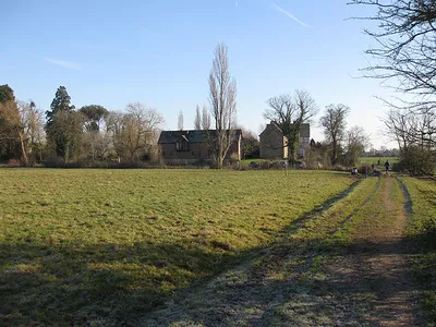 Odda's Chapel, Abbot's Court and (left) Odda's Barn, Deerhurst, Gloucestershire, seen from the northwest