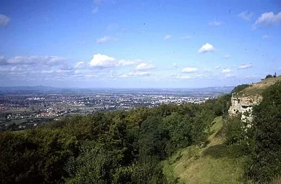Cliffs on Leckhampton Hill Limestone cliffs on the Cotswold escarpment exposed by quarrying.