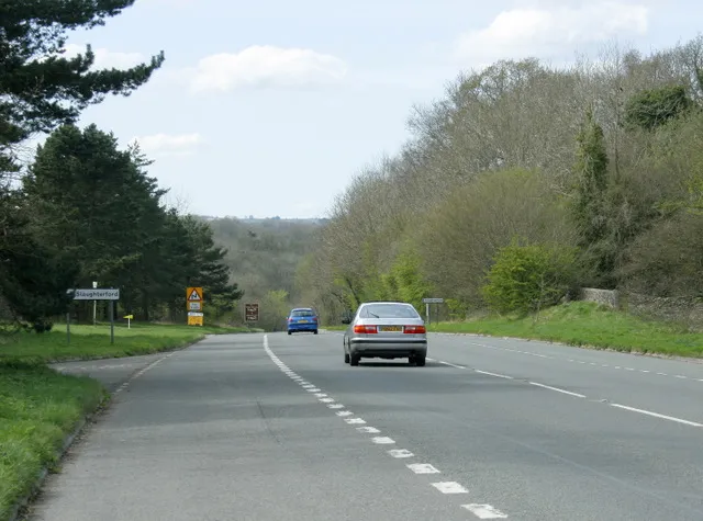 A420 at Giddeahall Heading west toward Ford, Marshfield and Bristol.
The byroad to Slaughterford is to the left.