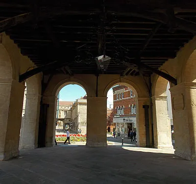 County Hall and Market House, Abingdon, Oxfordshire. Internal view of the loggia, with the Abbey Gate in the background.