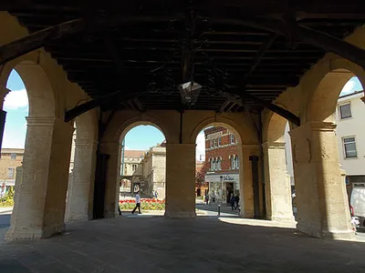 County Hall and Market House, Abingdon, Oxfordshire. Internal view of the loggia, with the Abbey Gate in the background.