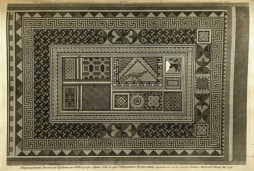 Caption: No. 1: An exquisite floor mosaic from Wellow near Aquas Sulis [Bath] in Somerset County, examined in the year 1737 and engraved on copperplate by the Society of Antiquaries of London in the year 1738. Scale in [English] Feet.

An engraving of the first of three large Roman mosaics at a villa at Wellow, first recorded in John Aubrey's Monumenta Britannica, who reported it was first discovered in the manor of Edward Hungerford, knight of the Bath, in 1683. Aubrey's partial account of the mosaic was taken from William Holder's copy of the draft made by the surveyor Hugh May on site. Aubrey's version was then poorly copied and reprinted in Thomas Gale's 1709 Antonini Iter Britanniarum. Aubrey's drawing showed a central scene with figures and a side panel with a cantharus flanked by multiple birds. Based on similarities between Aubrey's drawing and Orphic mosaics at Littlecote, Woodchester, and Withington, the scene may have depicted a scene from the myths about Orpheus. 

Edmund Prideaux, two friends, and their servants visited in June 1737 and were allowed to dig at the site, finding the rest of the mosaic under about 2 feet of dirt. Prideaux or James West then had James Vertue draw it and James's brother George then engraved it at the expense of the SAL. Local interest in the discovery was great, with the land's owners making about ₤50 from visitors. The mosaic and another nearby were reported already "quite destroyed" by a visitor writing 20 October 1737. It may have been already destroyed by the time of the Vertue's drawing, as Aubrey's figures and multiple birds have been replaced by a single peacock and geometric patterns within a guilloche frame. It was further damaged by an antiquarian visitor in 1787. Colonel Leigh excavated the site again in 1807, when it was owned by Col. Gore Langton. Richard Colt Hoare noted "I was present at the uncovering of this fine mosaic pavement, and saw with astonishment an engraving made from it, at the point of its first discovery, which differed so totally from the original, that I could almost fancy it had been done from memory", although Leigh's annotated drawing of the mosaic largely matches Vertue's.


The SAL debated whether the mosaics were from a villa or military encampment prior to the discovery of the villa's ruins during an 1822 excavation by John Skinner. About 40 villas have been discovered in the area around Bath, most either country homes or the estates of the spa's upper class rather than self-sufficient agricultural concerns.