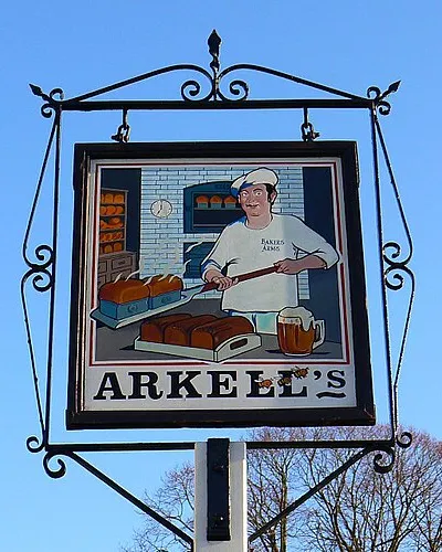 Baker's Arms sign, Badbury The Baker's Arms is a small country pub owned by Arkell's, an independent brewer based in Stratton, Swindon. Its staple output is its Best Bitter Beer, 3Bs.