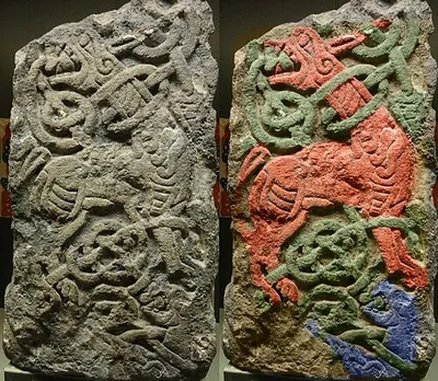 Original in the Gloucester City museum. Left hand shows original and right hand shows false colour version to pick out the figures and knots. Found in a wall near St. Oswald's Priory, Gloucester, this cross fragment is dated to the 9th Century.