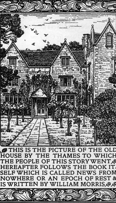 Kelmscott Manor depicted in the frontispiece to the 1893 Kelmscott Press edition of William Morris's News from Nowhere