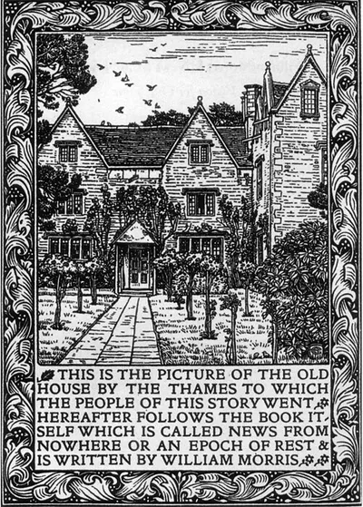 Kelmscott Manor depicted in the frontispiece to the 1893 Kelmscott Press edition of William Morris's News from Nowhere