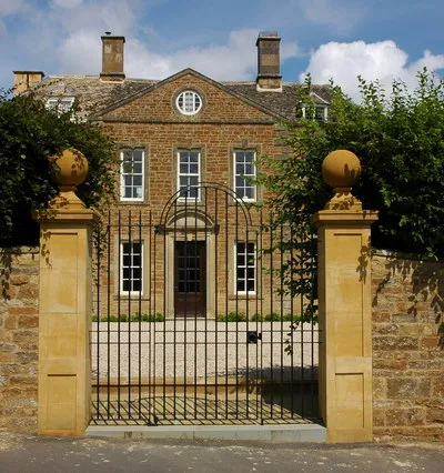 The gates to Whichford House, Church End, Whichford, Warwickshire, seen from the south