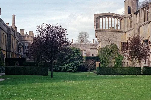 1992 Spring photograph of the Mulberry Garden and lawn and, at the right, the ruins of the mid-15th century castle, at the Grade I listed Sudeley Castle, near Winchcombe, Gloucestershire, England.Processing: Analogue camera with Kodak Gold ASA 200-2 film. Negative scanned with an Epson Perfection V800 using SilverFast 8 scan program, and optimized, cropped and spun with DxO OpticsPro 10 Elite and Adobe Photoshop CS2.