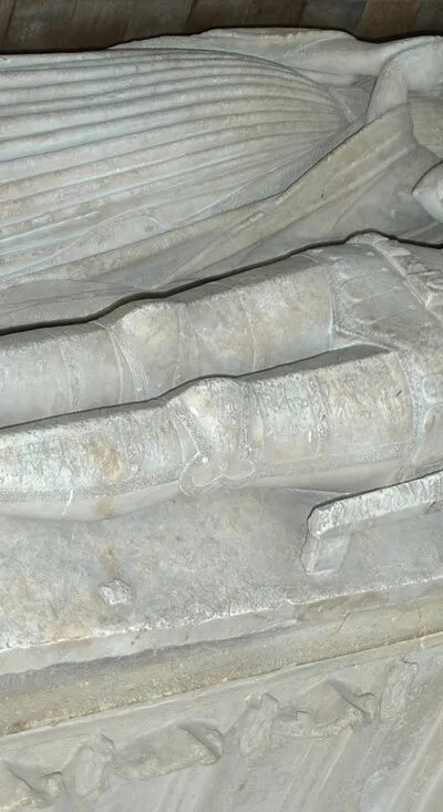 Effigies of Sir William Wilcote (died 1410) and his wife in the Wilcote chantry chapel, St Mary's parish church, North Leigh, West Oxfordshire, England