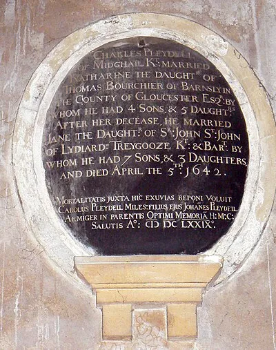 Wall-mounted monument in St Mary's parish church, Lydiard Tregoze, Wiltshire, to Charles Pleydell of Midghall. He was a 17th-century forebear by marriage of the 18th-century Ann Pleydell who is commemorated in the same church. Charles had a total of 19 offspring by two wives, the second of whom died in 1642. Charles himself died in 1679 but his age is not given.