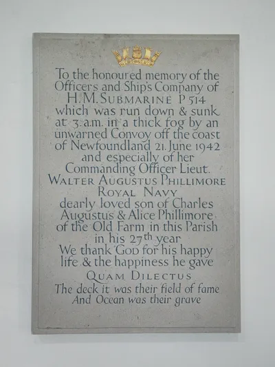 Church of England parish church of St Mary the Virgin, Swinbrook, Oxfordshire: monument to Lt. W.A. Phillimore, R.N. and the crew of HMS P514, killed 1942