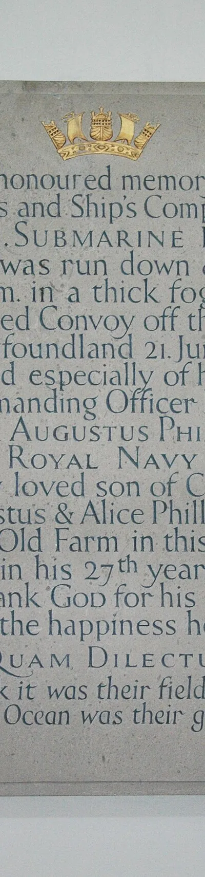 Church of England parish church of St Mary the Virgin, Swinbrook, Oxfordshire: monument to Lt. W.A. Phillimore, R.N. and the crew of HMS P514, killed 1942
