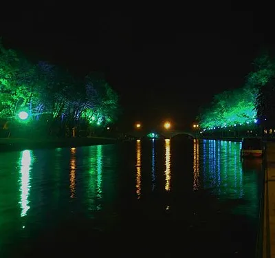Autumn evening on the Avon Floodlit lime trees along the River Avon, looking towards The Workman Bridge.