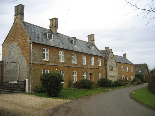 Darlingscott House (left) and Lower Farmhouse (right), Darlingscott, near Tredington, Warwickshire. This view looks northeast where the lane from Blackwell enters the hamlet.