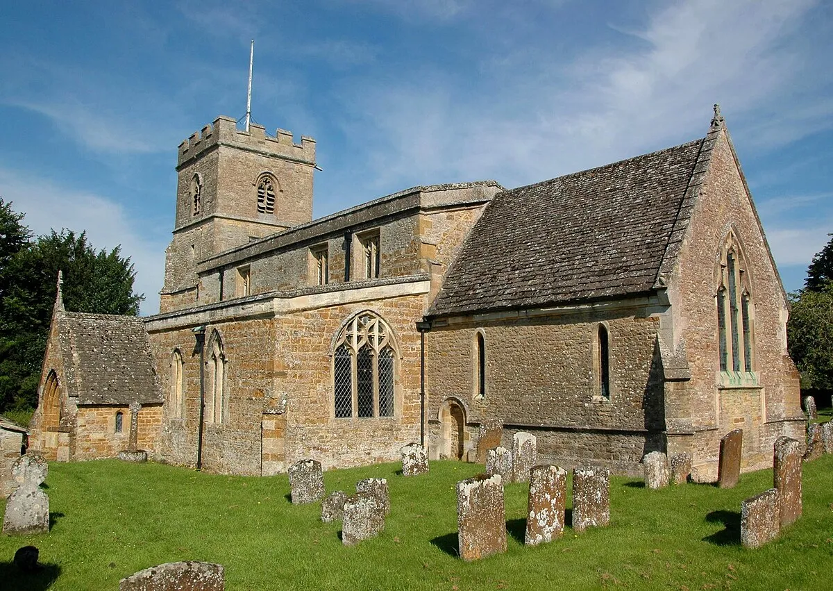 Church of England parish church of St Martin, Sandford St Martin, Oxfordshire: view from the southeast. Most of the windows are 15th century Perpendicular Gothic, but the east window of the south aisle is 19th century Gothic Revival.