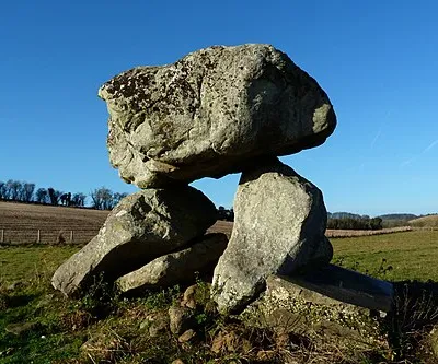 Reconstructed Neolithic burial chamber in Clatford Bottom, Wiltshire. This view is from the south-east.