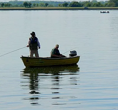 Anglers on Farmoor Reservoir, Farmoor, Oxfordshire. The anglers I saw at the reservoir were all fly-fishing. I understand the reservoir is stocked with trout.