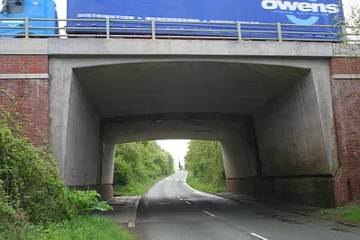 B4211 beneath the M50 Fifty years ago the old turnpike road to "Gloster" had to be lowered to pass beneath the new motorway. The result is that this road is subject to flash flooding. Beside the road a young Giant Hogweed is on the up.