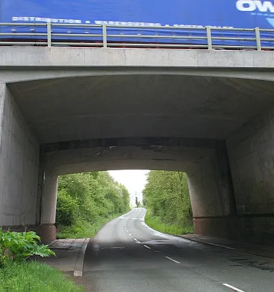 B4211 beneath the M50 Fifty years ago the old turnpike road to "Gloster" had to be lowered to pass beneath the new motorway. The result is that this road is subject to flash flooding. Beside the road a young Giant Hogweed is on the up.