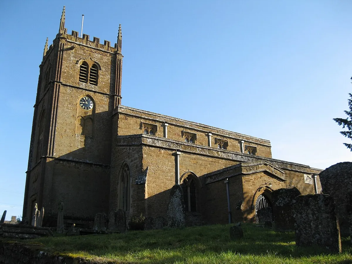 Church of England parish church of All Saints, Wroxton, Oxfordshire. The church is 14th and 15th century. The tower was designed by Sanderson Miller and begun in 1748.