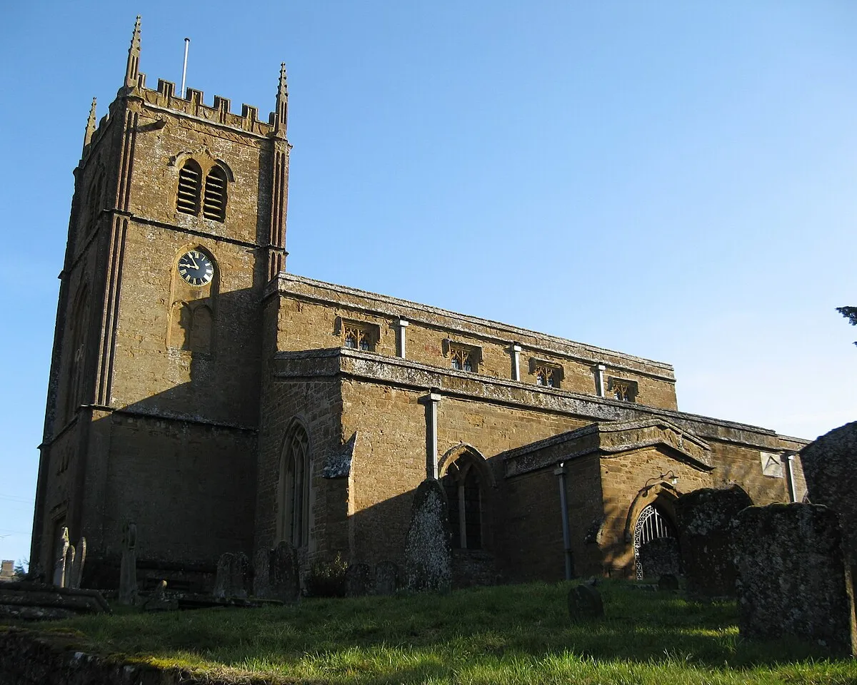 Church of England parish church of All Saints, Wroxton, Oxfordshire. The church is 14th and 15th century. The tower was designed by Sanderson Miller and begun in 1748.